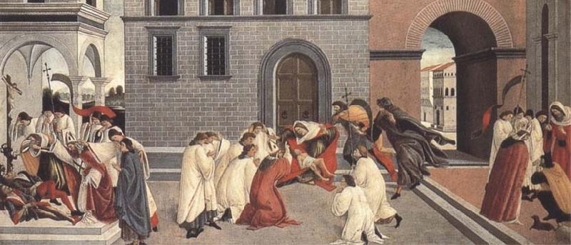 Sandro Botticelli Three Miracles of St Zanobius:driving the demon out of two youths,reviving a dead child,restoring sight to a blind man